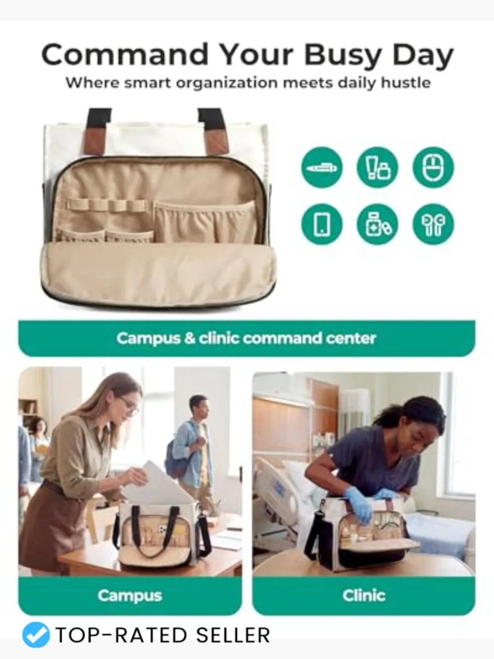 Canvas Tote Bag with Zipper, Crossbody Handbag for Work Travel, 17 Pockets